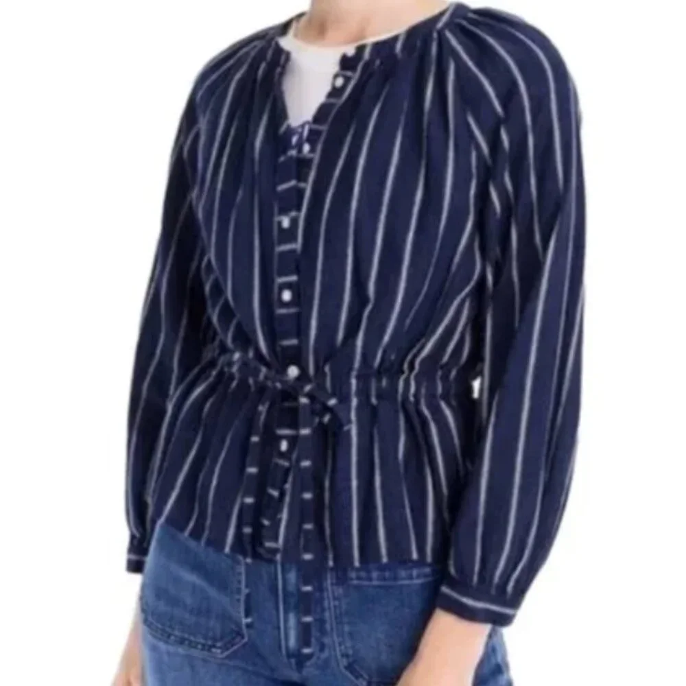 J. Crew Tie Waist Linen Blend Striped Gauze Top Blouse Women's‎ 8 Navy Casual